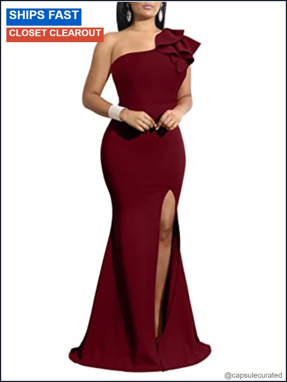 Sleeveless One Shoulder Slit Long Formal Dress Polyester Spandex